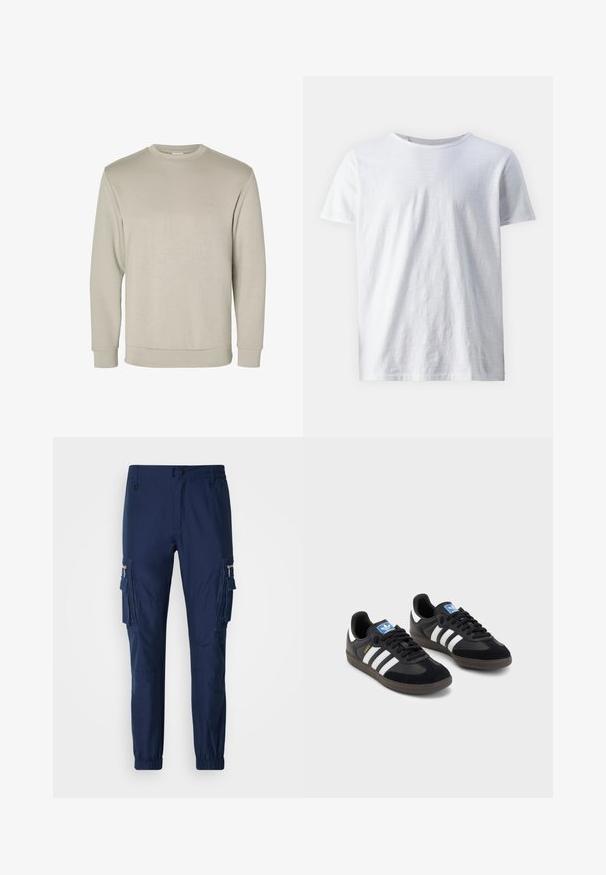 Bež pulover z dolgimi rokavi in okroglo ovratnikom, izdelan iz mehkega materiala, z rebrastimi manšetami in robom, z gladko teksturo in minimalističnim oblikovanjem.; Bela kratkotrajna majica s kratkimi rokavi, izdelana iz lahkega materiala. Okrogla ovratnica s gladko teksturo in brez vidnih vzorcev ali poudarkov.; Morne cargo hlače iz lahkega blaga, opremljene s stranskimi žepi, elastičnimi robovi in detajliranimi žepi z zadrgo.; Črne športne copate z zgornjim delom iz semiša in sintetičnih materialov, ki imajo tri bele črte, teksturiran gumijast podplat in modro označevalno oznako na jeziku.