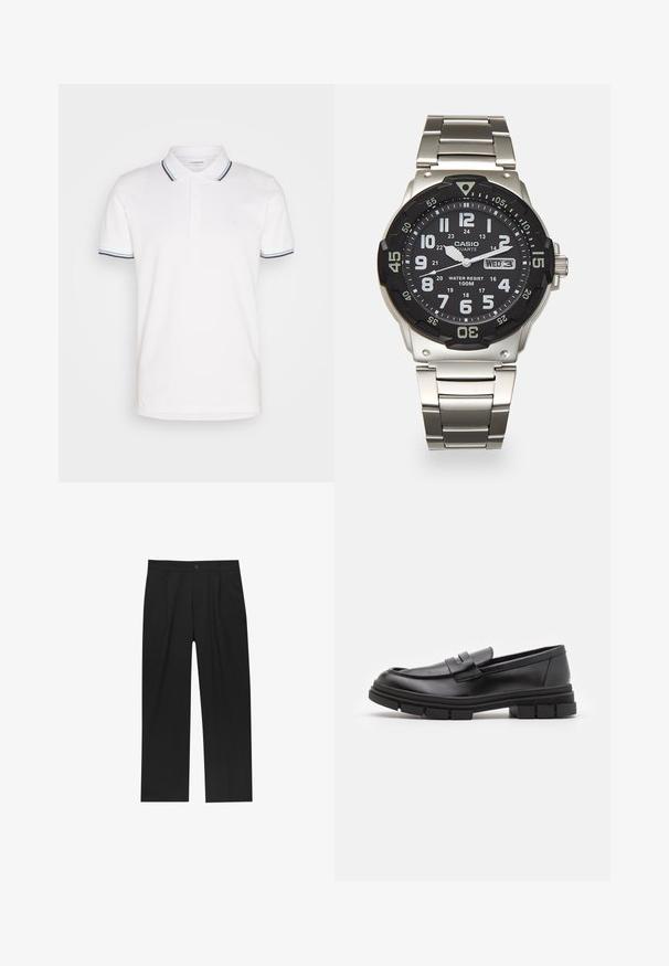 Beige dlouhý rukáv crewneck svetr, vyrobený z měkkého materiálu, s žebrovanými manžetami a lemem, s hladkou texturou a minimalistickým designem.; Lindbergh CONTRAST PIPING - Polotričko - white; Černé kalhoty s rovnými nohavicemi, vyrobené z hladké tkaniny. Mají přední záhyby a jedno knoflíkové zapínání v pase.; Černé kožené mokasíny s hladkým povrchem, se zapínáním vpředu a masivní gumovou podrážkou se vroubkovanými detaily.; Kovové kvalitní hodinky s černým ciferníkem, bílými číslicemi a zobrazením data. Disponují nerezovým páskem a voděodolností 100 m.