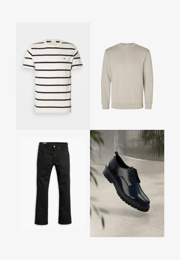 Beige Langarm-Crewneck-Sweatshirt, gefertigt aus weichem Material, mit gerippten Manschetten und Saum, sowie einer glatten Textur und einem minimalistischen Design.; Herren T-Shirt mit kurzen Ärmeln in Creme mit horizontalen Marineblauen Streifen, aus Baumwolle gefertigt, mit Rundhalsausschnitt und kleinem Logo auf der Brust.; Schwarze Denim-Jeans mit geradem Beinschnitt, fünf Taschen, metallischem Knopfverschluss und dezenten Steppdetails. Glatte Textur und einfarbig.; Schwarzer Lederschuh mit glänzender Oberfläche, runder Spitze, Schnürdesign, kontrastierenden Nähten und einer dicken Gummisohle mit Profilmuster.