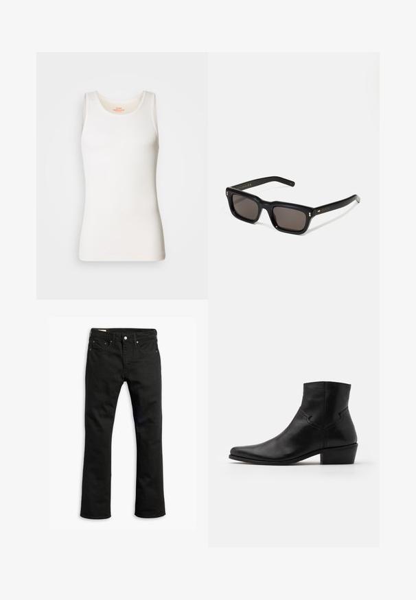 Beige long-sleeve crewneck sweatshirt, made from soft material, featuring ribbed cuffs and hem, with a smooth texture and minimalistic design.; White ribbed tank top with a rounded neckline and wide shoulder straps. Smooth texture and form-fitting design.; Black denim jeans with a straight leg design, five pockets, metal button closure, and subtle stitching details. Smooth texture and solid color.; Black leather ankle boot with a pointed toe, minimal stitching details, a mid-height block heel, and a smooth, polished finish.; Black rectangular sunglasses with dark lenses, thick plastic frame, gold accents on temples, and brand logo engraved on the arm.