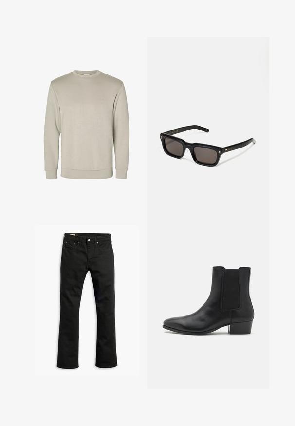 Beige pikkade varrukatega crewneck sviiter, mis on valmistatud pehmest materjalist. Omab soonikuid mansetide ja ääre osas, sile tekstuur ja minimalistik disain.; Mustadest denimist teksad sirge jala disainiga, viie taskuga, metalsete nööpidega kinnituse ja peente õmblusdetailidega. Sile tekstuur ja ühtlane värv.; Zign LEATHER - Klassikalised poolsaapad - black; Mustad mustakorruselised prillid tumedate läätsedega, paks plastikraam, kuldsed aksendid templites ning kaubamärgi logo graveeritud käe lilla.