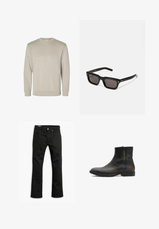 Beige langærmet crewneck sweatshirt, lavet af blødt materiale, med ribbede håndled og kant, med en glat tekstur og minimalistisk design.; Sorte denim jeans med lige ben, fem lommer, metalknaplukning og diskrete syninger. Glat tekstur og ensfarvet.; AllSaints LANG - Støvletter - brown; Sorte rektangulære solbriller med mørke glas, tyk plastisk ramme, guldtryk på stængerne og brandlogo indgraveret på armen.