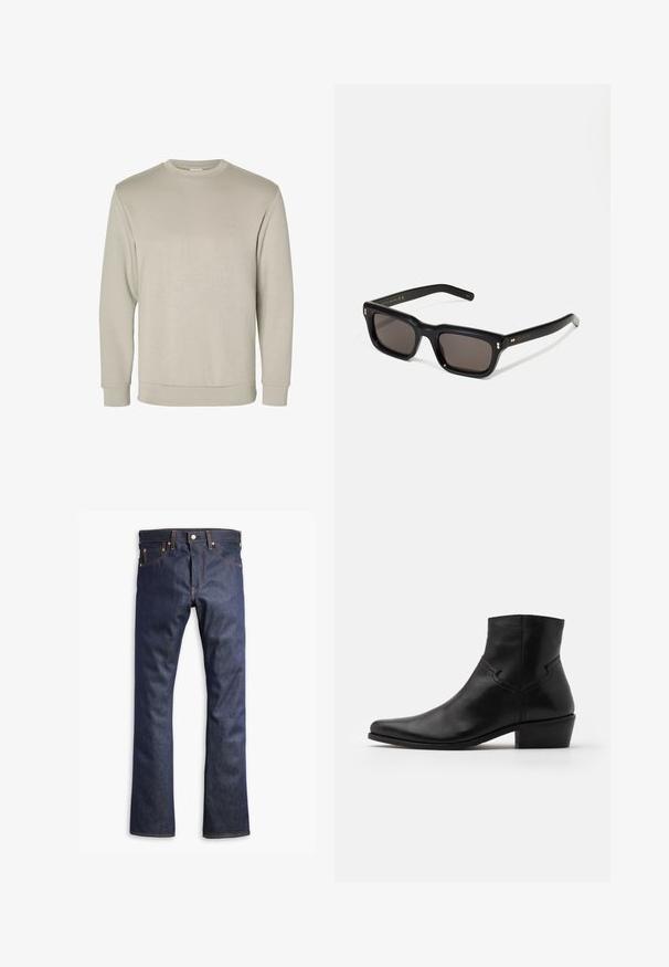 Beige long-sleeve crewneck sweatshirt, made from soft material, featuring ribbed cuffs and hem, with a smooth texture and minimalistic design.; Dark blue denim jeans with a straight leg cut, featuring orange stitching, five pockets, and a button closure. Smooth texture and durable fabric.; Black leather ankle boot with a pointed toe, minimal stitching details, a mid-height block heel, and a smooth, polished finish.; Black rectangular sunglasses with dark lenses, thick plastic frame, gold accents on temples, and brand logo engraved on the arm.