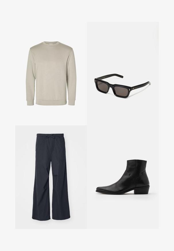 Sweatshirt beige à manches longues avec col rond, fabriqué à partir d'un matériau doux, présentant des poignets et un ourlet côtelés, avec une texture lisse et un design minimaliste.; Pantalons larges en tissu noir uni, avec une taille élastique dotée d'un cordon de serrage et deux poches latérales. Texture lisse et design décontracté.; Bottine en cuir noir à bout pointu, avec des détails de couture minimalistes, un talon carré de hauteur intermédiaire et une finition lisse et brillante.; Lunettes de soleil noires rectangulaires avec des verres foncés, monture en plastique épais, accents dorés sur les branches et logo de la marque gravé sur le bras.