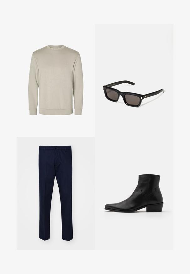 Sweatshirt bege de manga longa com decote redondo, feito de material macio, com punhos e barra canelados, possui uma textura suave e um design minimalista.; Calças azul-marinho feitas de um tecido suave, com pernas retas, fecho de botão e bolsos frontais.; Bota de couro preta até ao tornozelo com bico afilado, detalhes de costura mínimos, um salto bloco de altura média e um acabamento suave e polido.; Óculos de sol retangulares pretos com lentes escuras, armação de plástico espesso, detalhes em dourado nas hastes e logotipo da marca gravado na lateral.