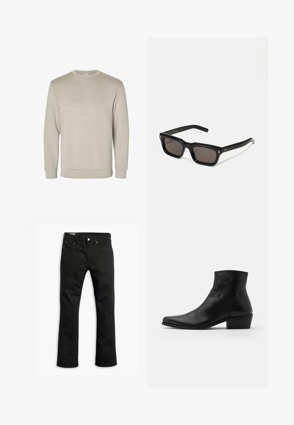 Beige long-sleeve crewneck sweatshirt, made from soft material, featuring ribbed cuffs and hem, with a smooth texture and minimalistic design.; Black denim jeans with a straight leg design, five pockets, metal button closure, and subtle stitching details. Smooth texture and solid color.; Black leather ankle boot with a pointed toe, minimal stitching details, a mid-height block heel, and a smooth, polished finish.; Black rectangular sunglasses with dark lenses, thick plastic frame, gold accents on temples, and brand logo engraved on the arm.