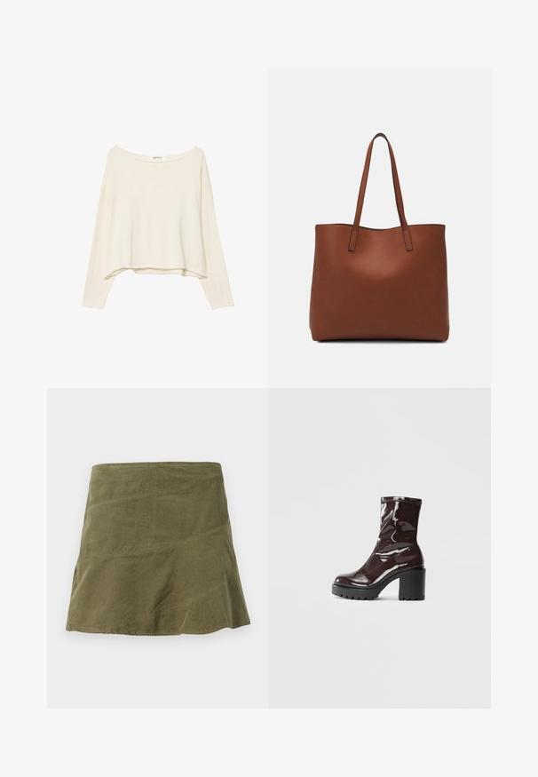 Sweatshirt court beige clair avec un large col, des manches longues et un tissu doux et texturé. Présente une coupe décontractée et carrée.; Jupe en velours côtelé vert olive à forme évasée, avec des coutures diagonales et une texture subtile. Modèle mi-long sans fermetures visibles.; Bottines bordeaux brillantes à talon épais noir, avec une texture lisse et un design simple. Aucune fermeture visible ni motifs.; Sac fourre-tout en cuir marron avec une texture lisse, design à ouverture supérieure et deux poignées pour le porter à l'épaule. Présente des coutures minimales et aucun matériel visible.