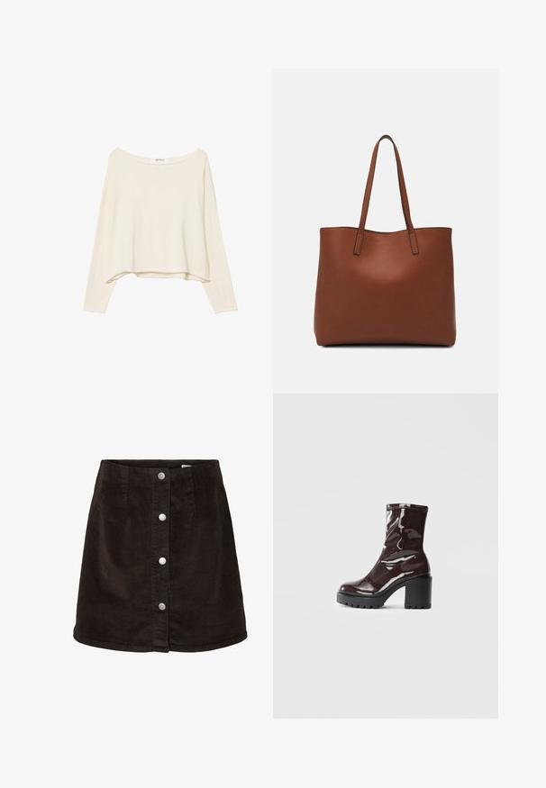 Svetlobežová skrátená mikina s širokým výstrihom, dlhými rukávmi a mäkkou, textúrovanou látkou. Má uvoľnený, štvorcový strih.; Tmavo hnedá kordúrová sukňa v A-strihu s piatimi striebornými cvokmi pozdĺž prednej časti a miernym rozšírením na spodnom okraji.; Lesklé burgundské kotníkové boty s robustním černým podpatkem, s hladkou strukturou a jednoduchým designem. Bez viditelných zapínání nebo vzorů.; Hnedá kožená taška na rameno s hladkou textúrou, otvoreným vrchom a dvoma ramenými popruhmi. Má minimálne šitia a žiadne viditeľné kovania.