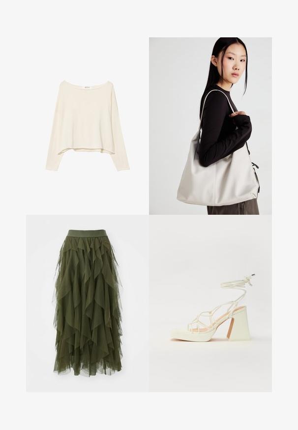 Svijetlosmeđa skraćena trenerka s širokim izrezom, dugim rukavima i mekanim, teksturiranim materijalom. Ima opušteni, kutni kroj.; ONLY ONLSKY SKIRT - Suknja A kroja - winter moss; Bijela sandala na visokoj potpetici s debelim petom, s remenom i vezanjem oko gležnja. Glatka tekstura s platformom sprijeda za dodatnu visinu.; Bežna torba od mekog materijala s opuštenim dizajnom, šivanim detaljima i dva remena za rame. Pogodna za svakodnevnu upotrebu.