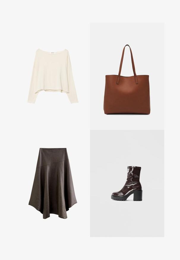 Svetlo bež skrajšana sweatshirt z širokim izrezom, dolgimi rokavi in mehkim, teksturiranim materialom. Ima sproščen, kvadraten kroj.; Temno rjav umetni usnjeni asimetrični midi krilo s šivi in razširjenim robom.; Sijajan škrlatank z bleščečim videzom, z masivnim črnim peto, ki se ponaša z gladko teksturo in preprostim dizajnom. Brez vidnih zapenjal ali vzorcev.; Rjava usnjena torba z gladko teksturo, odprto zasnovo zgoraj in dvema naramnima trakovoma. Opremljena je z minimalnim šivanjem in brez vidnih kovinskih delov.