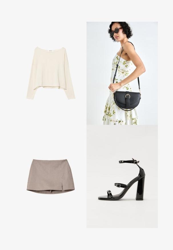 Licht beige cropped sweatshirt met een brede halslijn, lange mouwen en een zachte, gestructureerde stof. Heeft een ontspannen, boxy pasvorm.; Bruin en witte kleine geblokte mini-rok met een voorknijpcut, plat weergegeven op een witte achtergrond.; Zwarte gepatenteerde sandalen met hak en een vierkante neus, enkelbandjes en zilveren gespen. Heeft een stevige blokhak voor stabiliteit.; Zwarte leren handtas met een gebogen vorm, afneembare schouderband en gouden hardware. De tas heeft een klep met een gespsluiting.