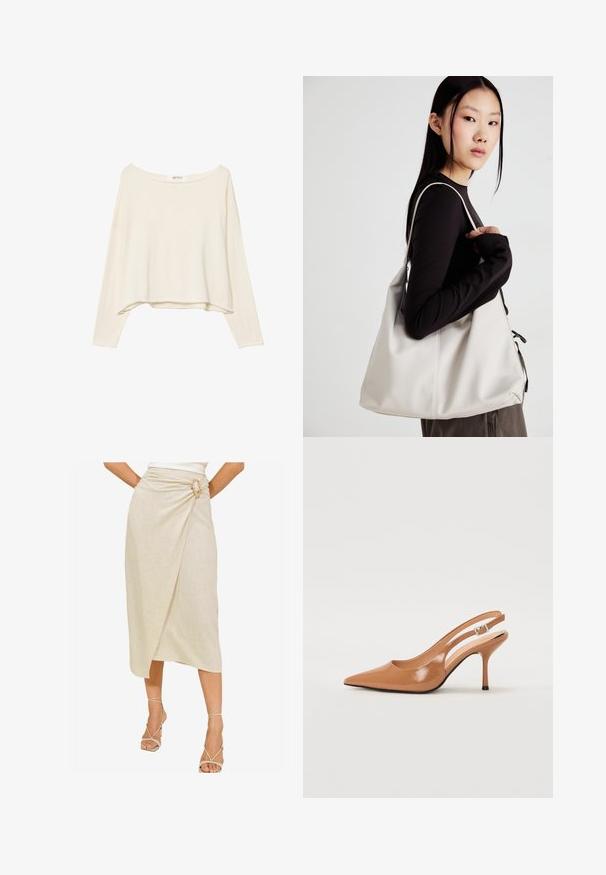 Vaaleanbeige lyhythihainen huppari, jossa on leveä kaula-aukko, pitkät hihat ja pehmeä, teksturoitu kangas. Ominaisuutena rento, laatikkomainen muoto.; Beige wrap hame tehty teksturoituneesta pellavasta, jossa on ainutlaatuinen kultainen solki ja polven pituinen epäsymmetrinen helma.; Korkokenkä, jossa on terävä kärki ja avonainen kanna, valmistettu sileästä, kiiltävästä ruskeasta materiaalista. Sisältää kaarevan leikkuun muotoilun ja hoikan stilettokannan. Hopeinen solkiyksityiskohta.; Beige laukku, joka on valmistettu pehmeästä materiaalista, ja siinä on rento muotoilu, ommeltu yksityiskohtia ja kaksi olkahihnaa. Sopii päivittäiseen käyttöön.