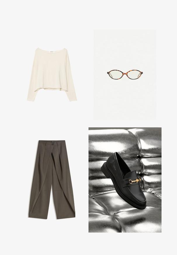 Svetlobežová skrátená mikina s širokým výstrihom, dlhými rukávmi a mäkkou, textúrovanou látkou. Má uvoľnený, štvorcový strih.; Široké nohavice vyrobené z textúrovaného tmavošedého materiálu. Majú predný záhyb, zapínanie na gombík a bočné vrecká pre praktickosť.; Čierne kožené mokasíny so zlatými kovovými detailmi. Obuv má elegantný dizajn a hladký, lesklý povrch.; Korytnačkové okuliare s oválnymi šošovkami a hladkým, lesklým povrchom. Majú tenké strany s jemným zakrivením na spánkoch. Priehľadné šošovky.