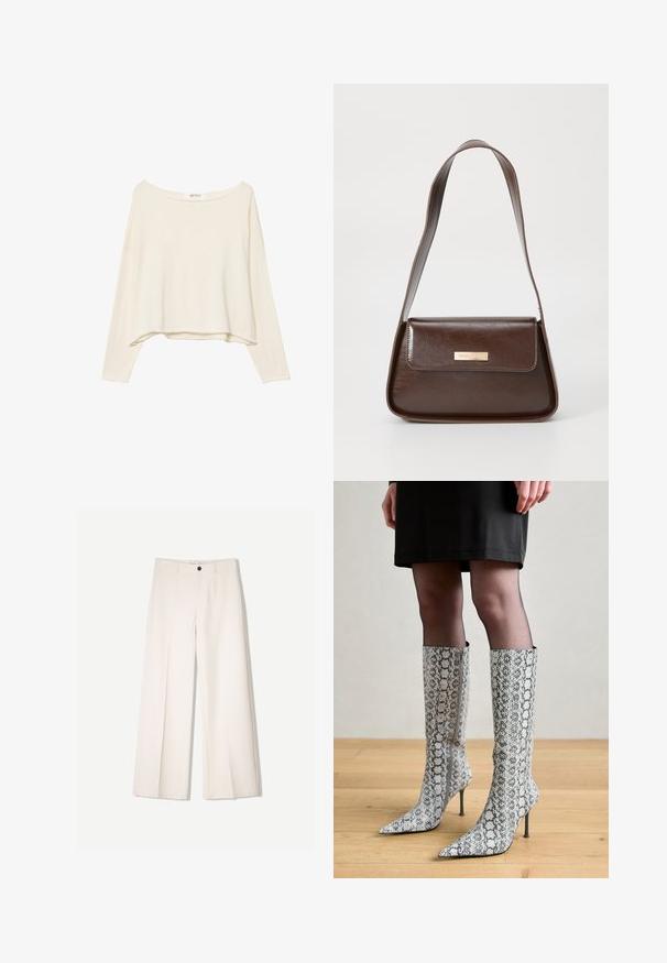 Vaaleanbeige lyhythihainen huppari, jossa on leveä kaula-aukko, pitkät hihat ja pehmeä, teksturoitu kangas. Ominaisuutena rento, laatikkomainen muoto.; Kerman leveletut housut räätälöidyllä designilla, joissa on kaksi etutaskua ja yksi etunapituksilla, valmistettu sileästä kankaasta.; Kiinaskorot nilkkureita, joissa on käärmeennahkakuosi, harmaavalkoinen tekstuuri, terävät kärjet ja sivuvetoketju.; Ruskea nahkainen olkalaukku, jossa on rakenteellinen muotoilu, ja jossa on magneettinen läppäkiinnitys sekä metallinen logo korostus edessä.