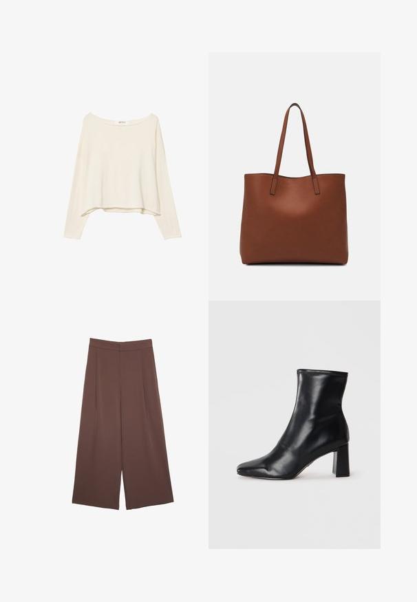 Lys beige cropped sweatshirt med bred halsudskæring, lange ærmer og et blødt, tekstureret stof. Har en afslappet, boxy pasform.; Brune bredbunde bukser med en glat tekstur, der har høj talje og plisseringer foran. Stoffet er let og falder løst.; Sorte læder ankelstøvler med spids tå og struktureret blokhæl. Glat tekstur med et strømlinet, minimalistisk design.; Brun læder tote taske med en glat overflade, åben topdesign og to skulderremme. Har minimal syning og ingen synlig hardware.