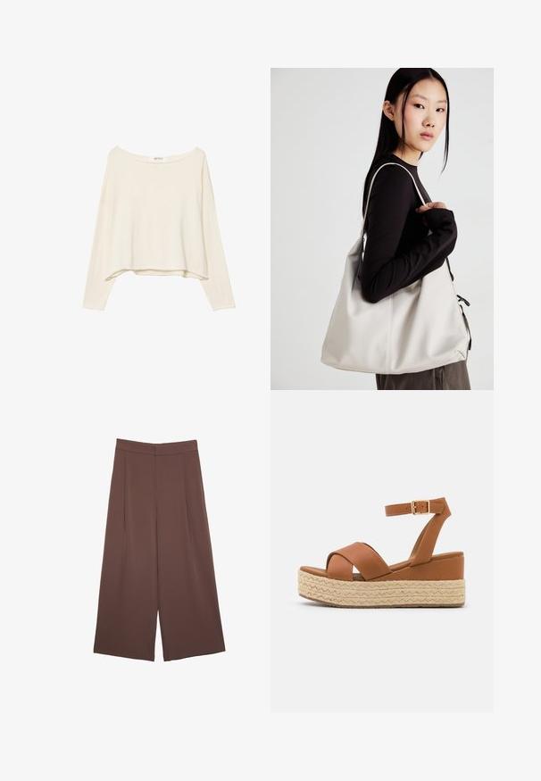 Lys beige cropped sweatshirt med bred halsudskæring, lange ærmer og et blødt, tekstureret stof. Har en afslappet, boxy pasform.; Brune bredbunde bukser med en glat tekstur, der har høj talje og plisseringer foran. Stoffet er let og falder løst.; Brune platform-sandaler med en vævet jute-base, brede krydsseler og en ankelrem med en guldbuckle. Glat lædertekstur.; Beige håndtaske lavet af blødt materiale med et slouchy design, stikninger og to skulderremme. Velegnet til daglig brug.