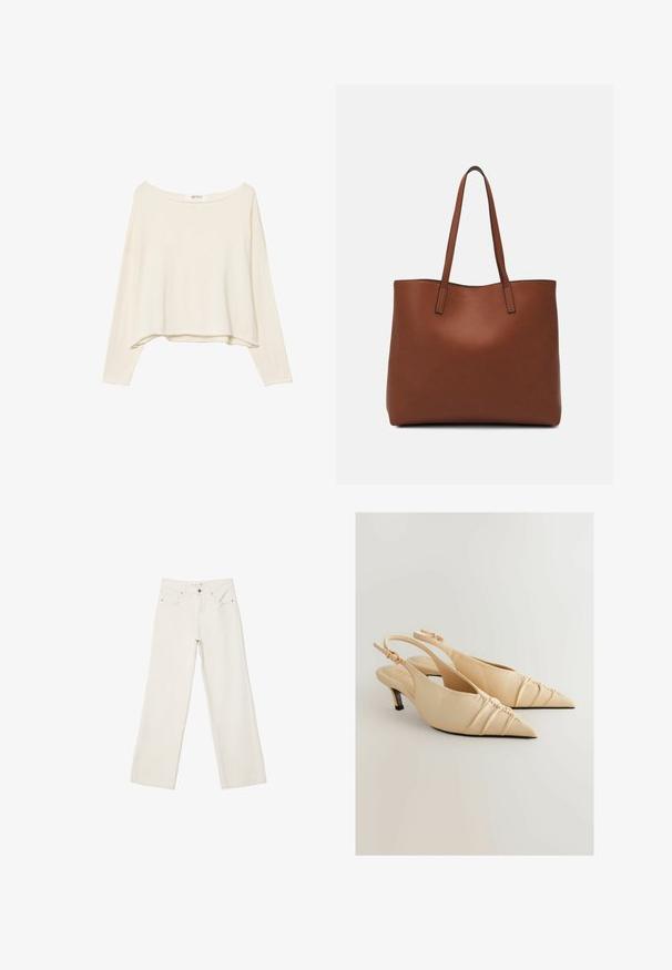 Helles beige, verkürztes Sweatshirt mit weiter Ausschnitt, langen Ärmeln und einem weichen, strukturierten Stoff. Verfügt über eine entspannte, kastige Passform.; Weiße lässige Jeans aus Denim mit hochgeschnittenem Bund, Fronttaschen und Knopfverschluss. Schlichtes Design mit minimalen Akzenten.; Beige Leder-Slingback-Absätze mit spitzem Zehenbereich und gerafftem Texturdetail. Verfügt über einen niedrigen Absatz und einen verstellbaren Knöchelriemen.; Braune Leder-Tote mit glatter Textur, offenem Oberteil und zwei Schulterriemen. Verfügt über minimale Nähte und keine sichtbaren Beschläge.