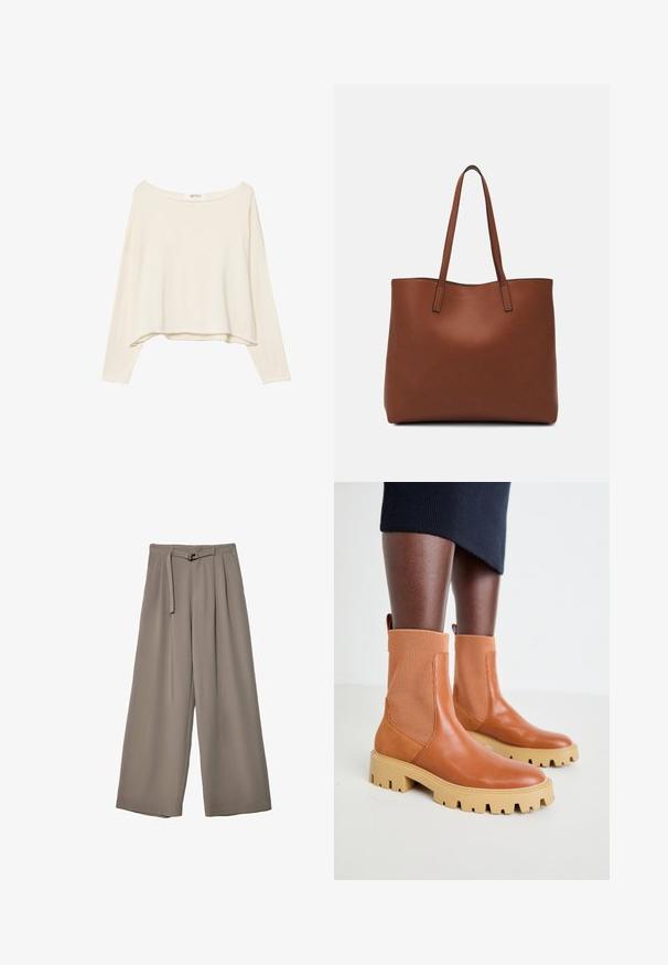 Svijetlosmeđa skraćena trenerka s širokim izrezom, dugim rukavima i mekanim, teksturiranim materijalom. Ima opušteni, kutni kroj.; Široke hlače u mekoj, prigušenoj sivoj tkanini, s remenom na struku i plisiranim detaljima za dodatni dizajn. Glatka tekstura, bez uzoraka.; Smeđe kožne gležnjače s rebrastim elastičnim panelima, masivnim bež potplatom i detaljem za povlačenje; suvremeni dizajn s teksturiranom završnom obradom.; Smeđa kožna torba preko ramena s glatkom teksturom, otvorenim vrhom i dvjema naramenicama. Ima minimalne šavove i nema vidljivog hardvera.