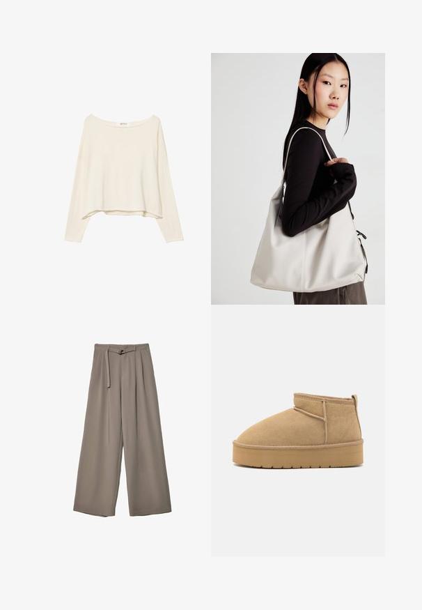 Svetlo bež skrajšana sweatshirt z širokim izrezom, dolgimi rokavi in mehkim, teksturiranim materialom. Ima sproščen, kvadraten kroj.; Široke hlače iz mehke, umirjene sive tkanine, z pasom, ki ga je mogoče zavezati, in z gubami za dodatne oblikovne podrobnosti. Gladka tekstura, brez vzorcev.; Bež nubuk ankel čizme s zaobljenim prstom, minimalnim šavovima i svijetlom smeškom gumenenom đonu s teksturiranim uzorkom.; Bežna torbica iz mehkega materiala, z ohlapno zasnovo, šivi in dvema naramnicama. Primerna za vsakodnevno uporabo.