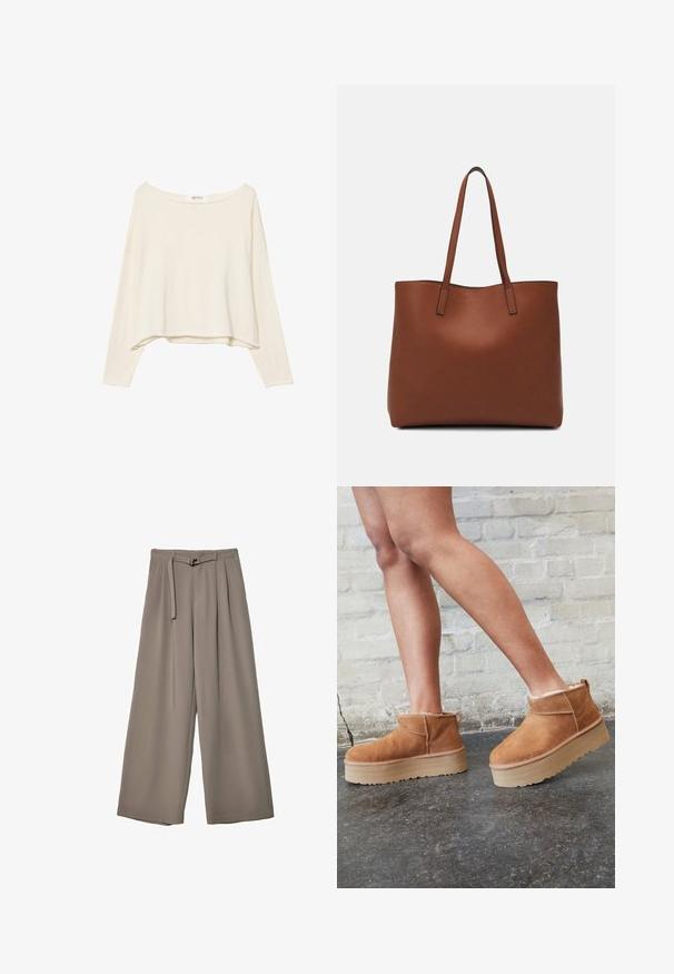 Lys beige cropped sweatshirt med bred halsudskæring, lange ærmer og et blødt, tekstureret stof. Har en afslappet, boxy pasform.; Vide ben bukser i et blødt, afdæmpet grå stof, med en bælte i taljen og plisseringer for ekstra designdetalje. Glat tekstur, ingen mønstre.; Brune ruskinds ankelsko med en blød foring, tyk beige plattformsål og en bageste løkke. Tekstureret overflade med synlige sømdetaljer.; Brun læder tote taske med en glat overflade, åben topdesign og to skulderremme. Har minimal syning og ingen synlig hardware.