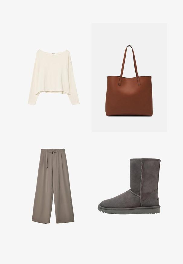 Felpa a maniche lunghe cropped di un beige chiaro, con un ampio scollo e un tessuto morbido e strutturato. Presenta una vestibilità rilassata e squadrata.; Pantaloni a gamba larga in un morbido tessuto grigio tenue, con vita con cintura e pieghe per un tocco di design aggiuntivo. Texture liscia, senza motivi.; Stivale alla caviglia in suede grigio con punta rotonda, dettagli di cuciture verticali e suola in gomma piatta. Presenta un design semplice e privo di decorazioni.; Borsa tote in pelle marrone con texture liscia, design con apertura superiore e due spallacci. Presenta cuciture minime e nessun hardware visibile.