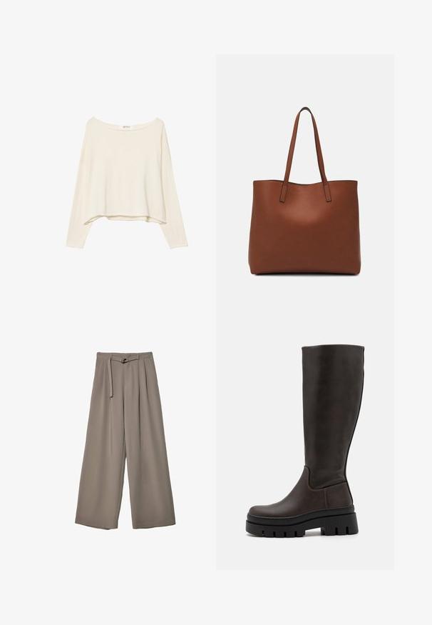 Jasno beżowy, krótki sweter z szerokim dekoltem, długimi rękawami i miękkim, teksturowanym materiałem. Posiada luźny, pudełkowy krój.; Spodnie o szerokich nogawkach w miękkim, stonowanym szarym materiale, z paskiem w talii i plisami dla dodania detali projektowych. Gładka tekstura, bez wzorów.; Brązowe skórzane kozaki sięgające do kolan z masywną czarną platformą i minimalnymi detalami szycia. Elegancki design z gładką teksturą.; Brązowa skórzana torba tote o gładkiej fakturze, z otwartym wierzchem i dwoma ramiączkami. Charakteryzuje się minimalnym przeszyciem i brakiem widocznych elementów metalowych.