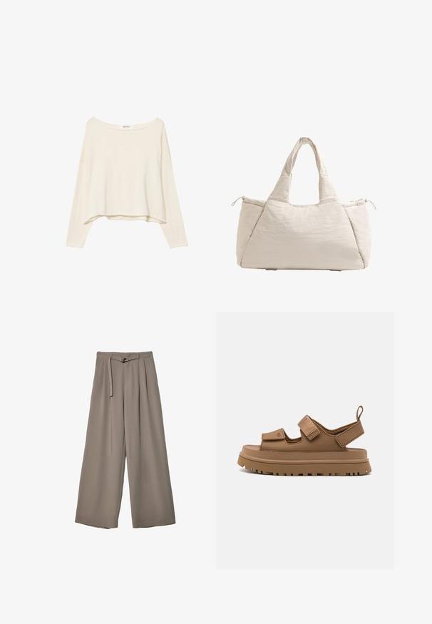 Svijetlosmeđa skraćena trenerka s širokim izrezom, dugim rukavima i mekanim, teksturiranim materijalom. Ima opušteni, kutni kroj.; Široke hlače u mekoj, prigušenoj sivoj tkanini, s remenom na struku i plisiranim detaljima za dodatni dizajn. Glatka tekstura, bez uzoraka.; UGG GOLDENGLOW - Sandale s platformom - bison brown; Bež torba s ušicom od tkanine sa prošivanjem, zaobljenog oblika, s teksturiranom tkaninom i bočnom džepom na vezicu. Glatka završna obrada, minimalistički dizajn.