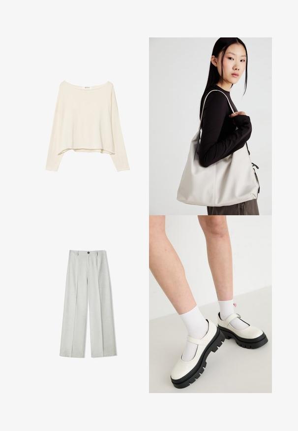 Svijetlosmeđa skraćena trenerka s širokim izrezom, dugim rukavima i mekanim, teksturiranim materijalom. Ima opušteni, kutni kroj.; Svijetlosive hlače širokih nogavica napravljene od teksturirane tkanine, s kopčanjem na dugme i dva nabora sprijeda za dodatni detalj.; Bijele lakirane Mary Jane cipele s debelim crnim potplatom, koje imaju trakicu preko nadlaktice i nose se s bijelim čarapama.; Bežna torba od mekog materijala s opuštenim dizajnom, šivanim detaljima i dva remena za rame. Pogodna za svakodnevnu upotrebu.