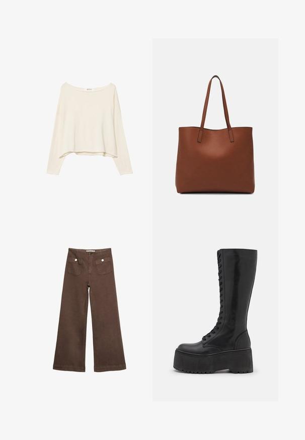 Jasno beżowy, krótki sweter z szerokim dekoltem, długimi rękawami i miękkim, teksturowanym materiałem. Posiada luźny, pudełkowy krój.; Czerwone spodnie typu wide-leg wykonane z bawełny, z dwoma przednimi kieszeniami zapinanymi na srebrne guziki oraz gładką fakturą.; Zign LEATHER - Kozaki sznurowane; Brązowa skórzana torba tote o gładkiej fakturze, z otwartym wierzchem i dwoma ramiączkami. Charakteryzuje się minimalnym przeszyciem i brakiem widocznych elementów metalowych.