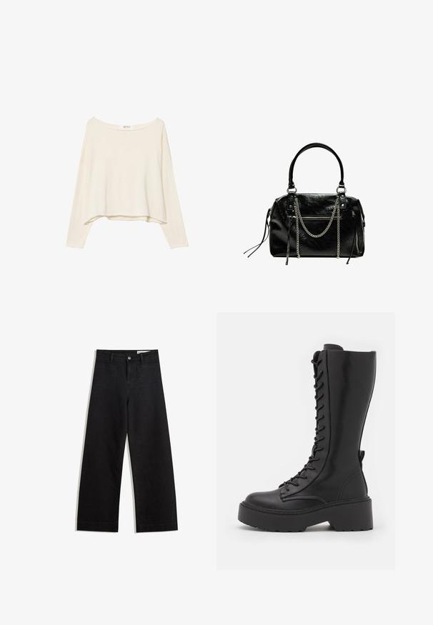 Lys beige cropped sweatshirt med bred halsudskæring, lange ærmer og et blødt, tekstureret stof. Har en afslappet, boxy pasform.; Sorte wide-leg denim bukser med høj talje, der har front- og baglommer, syede sømme og en knaplukning. Glat tekstur.; Sorte knæhøje snørestøvler med en chunky platformsål, glat læderfinish og forstærket syning langs sømmene.; Bershka WITH CHAIN - Håndtasker - black