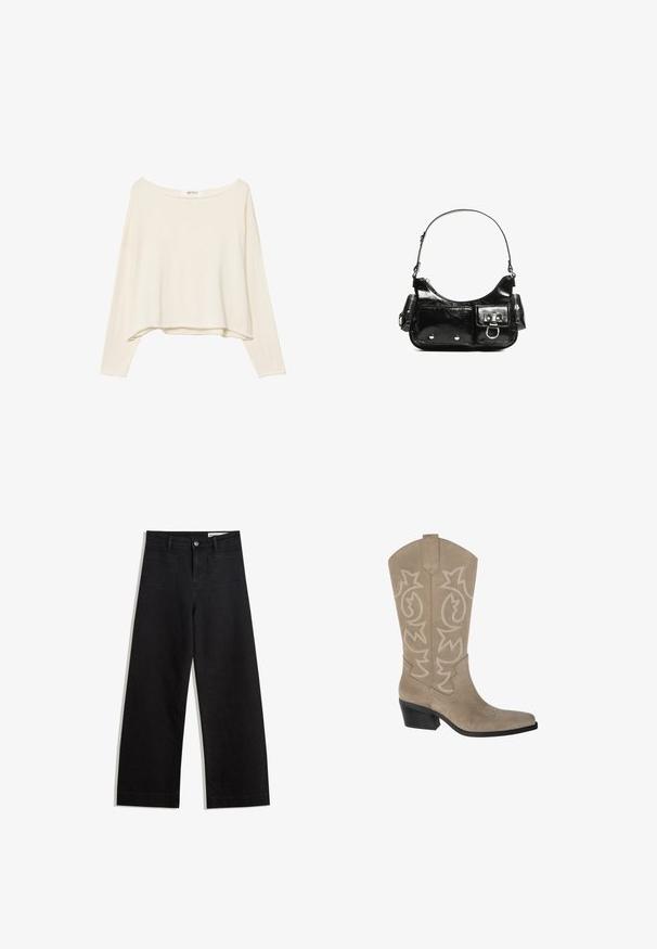 Světle béžový zkrácený svetr s širokým výstřihem, dlouhými rukávy a měkkou, texturovanou tkaninou. Má uvolněný, boxy střih.; Černé denimové kalhoty s volným střihem a vysokým pasem, vybavené předními a zadními kapsami, prošívanými švy a knoflíkovým zapínáním. Hladká textura.; PULL&BEAR Kovbojské/motorkářské kozačky - taupe; Černá lakovaná kožená kabelka s křivkovým tvarem, jedním ramenním popruhem, předními kapsami a stříbrnými kovovými detaily.