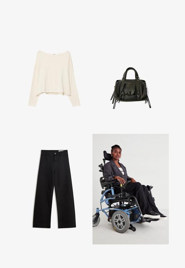 Svijetlosmeđa skraćena trenerka s širokim izrezom, dugim rukavima i mekanim, teksturiranim materijalom. Ima opušteni, kutni kroj.; Crne široke traperice s visokim strukom, s prednjim i stražnjim džepovima, šivenim šavovima i kopčanjem na gumb. Glatka tekstura.; Električna invalidska kolica s plavim okvirom, crnim sjedalom i sivim kotačima. Korisnik nosi sivi sako i crne prugaste hlače, sjedi samouvjereno.; Crna kožna torba s pletenim ručkama, džepom na zatvarač i visećim resicama. Teksturirana površina s metalnim zakovicama i hardverskim naglascima.