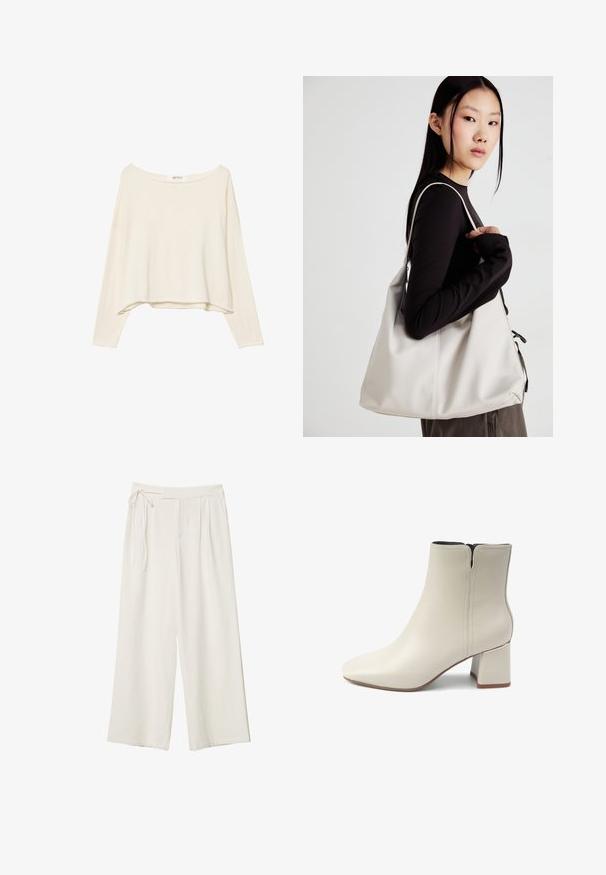 Helles beige, verkürztes Sweatshirt mit weiter Ausschnitt, langen Ärmeln und einem weichen, strukturierten Stoff. Verfügt über eine entspannte, kastige Passform.; Weite Hosen aus elfenbeinfarbenem Stoff mit glatter Textur. Verfügt über einen gebundenen Bund und einen gefalteten Vorderteil, konzipiert für eine entspannte Passform.; Weiße Lederstiefelette mit spitzer Zehenpartie und Blockabsatz. Verfügt über einen seitlichen Reißverschluss und dezente Steppnähte. Glatte Textur, minimalistisches Design.; Beige Handtasche aus weichem Material, mit einem lässigen Design, gesteppten Details und zwei Schulterriemen. Geeignet für den täglichen Gebrauch.