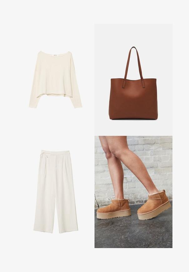 Vaaleanbeige lyhythihainen huppari, jossa on leveä kaula-aukko, pitkät hihat ja pehmeä, teksturoitu kangas. Ominaisuutena rento, laatikkomainen muoto.; Lepuh lebar dengan kain putih krem yang halus. Memiliki pinggang yang diikat dan bagian depan berlipit, dirancang untuk potongan yang santai.; Ruske mokasine do gležnja od nubuk kože s mekim podstavom, debelim bež platformama i stražnjim držačem. Teksturirana površina s vidljivim detaljima šavova.; Ruskea nahkainen olkalaukku, jossa on sileä pinta, avoin yläosa ja kaksi olkahihnaa. Omaavat vain minimaalisen ompelun eikä näkyvää metalliosaa.