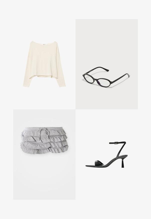 Svetlobežová skrátená mikina s širokým výstrihom, dlhými rukávmi a mäkkou, textúrovanou látkou. Má uvoľnený, štvorcový strih.; Sivá sukňa s volánmi a vrstveným dizajnom, sťahovací pás, mäkká textúra, obšité okraje a kaskádovité volány.; Bershka Sandále na vysokom opätku - black; Čierne okuliare s oválnym rámom a priesvitnými fialovými akcentmi na sklách. Rámy majú matný povrch a štíhle, priame nožičky.; Bershka WITH CHAIN - Kabelka - black