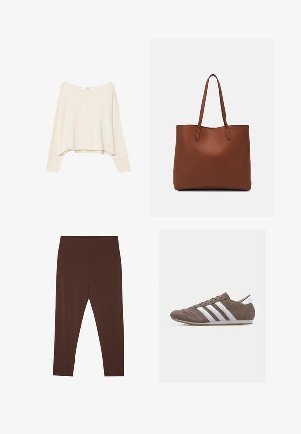 Ljusbeige kort sweatshirt med bred nacke, långa ärmar och ett mjukt, texturerat tyg. Har en avslappnad, boxig passform.; Bruna, mid-rise leggings tillverkade av elastisk tyg med en slät textur. De har minimal sömnad och en figurnära design.; Bruna mockaskor för sport med vita ränder, rund tå, snörning och sula av gummigummi. Texturerad ovandel med stikningsdetaljer.; Brun läder tote-väska med en slät textur, öppen toppdesign och två axelremmar. Har minimal söm och ingen synlig metalldetalj.