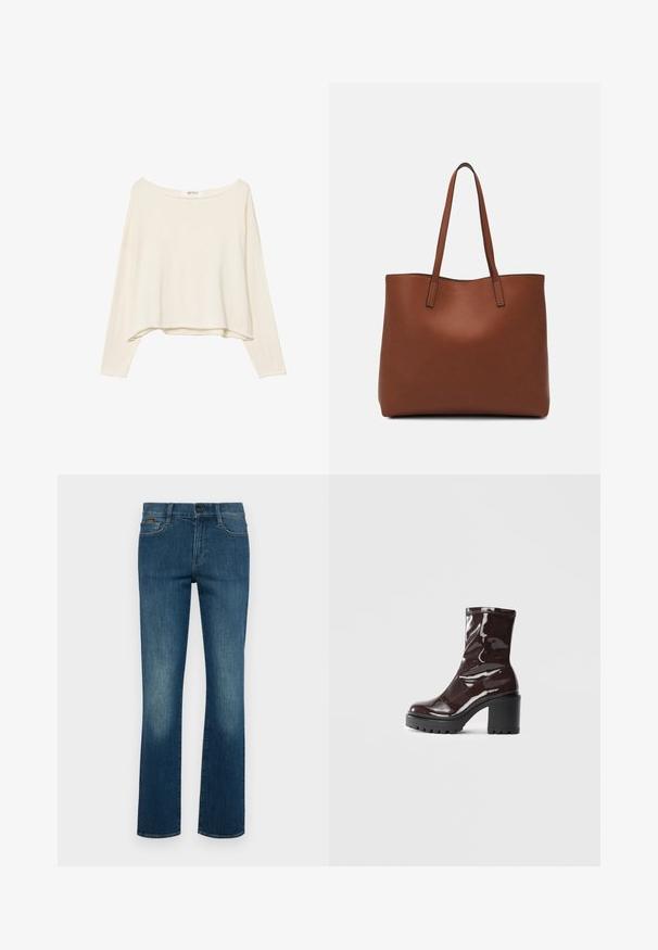 Svetlobežová skrátená mikina s širokým výstrihom, dlhými rukávmi a mäkkou, textúrovanou látkou. Má uvoľnený, štvorcový strih.; Modré džínsy s rovnom strihom. Medzi vlastnosti patrí zapínanie na gombík, predné vrecká a jemný vyblednutý vzor pri kolenách.; Lesklé burgundské kotníkové boty s robustním černým podpatkem, s hladkou strukturou a jednoduchým designem. Bez viditelných zapínání nebo vzorů.; Hnedá kožená taška na rameno s hladkou textúrou, otvoreným vrchom a dvoma ramenými popruhmi. Má minimálne šitia a žiadne viditeľné kovania.