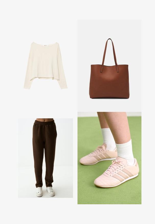 Jasno beżowy, krótki sweter z szerokim dekoltem, długimi rękawami i miękkim, teksturowanym materiałem. Posiada luźny, pudełkowy krój.; Brązowe dresy z polaru z elastycznym paskiem w talii i kieszeniami po bokach, charakteryzujące się miękką teksturą i luźnym krojem, w połączeniu z białymi sneakersami.; Jasnoróżowe buty sportowe z ukośnym przeszyciem, białymi podeszwami i trzema bocznymi paskami. Noszone z prążkowanymi białymi skarpetami na zielonej powierzchni.; Brązowa skórzana torba tote o gładkiej fakturze, z otwartym wierzchem i dwoma ramiączkami. Charakteryzuje się minimalnym przeszyciem i brakiem widocznych elementów metalowych.