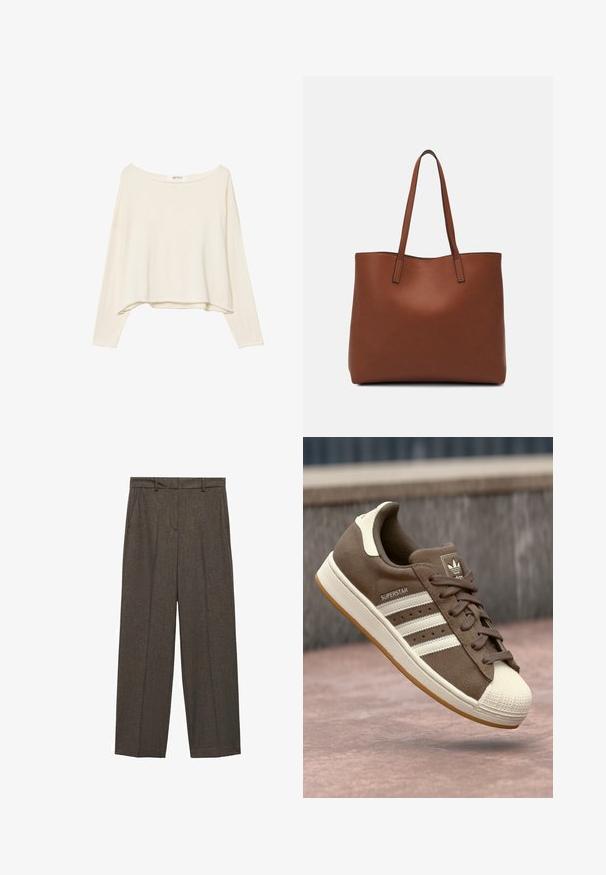 Svetlo bež skrajšana sweatshirt z širokim izrezom, dolgimi rokavi in mehkim, teksturiranim materialom. Ima sproščen, kvadraten kroj.; Rjavo krojene hlače iz teksturirane tkanine, z ravnimi nogami, sprednjimi pregibi in standardnim pasom.; Svetlo rjave semiš teniske z belimi črtami, kremnimi dodatki in gumijastim zaščitnim toe-delom. Imajo vezanje in teksturiran gumijast podplat.; Rjava usnjena torba z gladko teksturo, odprto zasnovo zgoraj in dvema naramnima trakovoma. Opremljena je z minimalnim šivanjem in brez vidnih kovinskih delov.