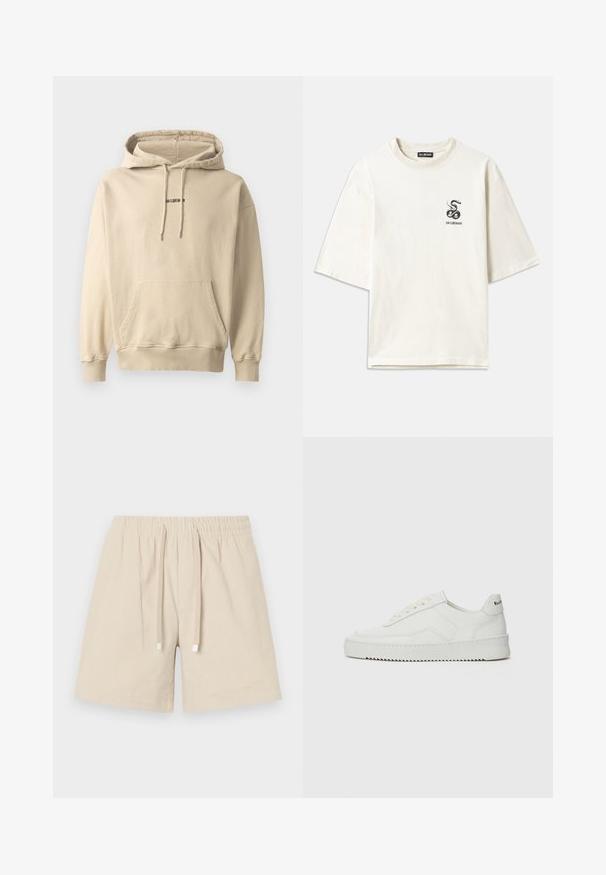 Šviesiai smėlinis gobtuvėlis, pagamintas iš medvilnės mišinio. Turi priekinę kišenę, raukšlėtus rankogalčius ir mažą prekės ženklą ant krūtinės.; Kremo spalvos per didelis medvilninis T-shirts. Su trumpomis rankovėmis ir maža juoda gyvatės grafika kairėje krūtinės pusėje.; Bežinės medvilninės šortai su elastine juosta ir raišteliu. Ypatybės: tekstūruota medžiaga su lygiu paviršiumi ir kvadratiniai metaliniai akcentai raišteliuose.; Balti odiniai sportiniai bateliai su lygia apdaila, apvaliu pirštu, plokščiais raišteliais ir tekstūruotu padu. Pasižymi subtiliu logotipu ant kulno.