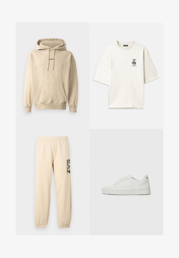 Light beige hooded sweatshirt made of cotton blend. Features a front pocket, ribbed cuffs, and a small brand logo on the chest.; Cream-colored oversized T-shirt made of cotton. Features short sleeves and a small black snake graphic on the left chest.; Beige sweatpants with an elastic waistband, tapered legs, and a side logo in black, made from soft, lightweight fabric.; White leather sneaker with a smooth finish, round toe, flat laces, and a textured sole. Features a subtle logo on the heel.