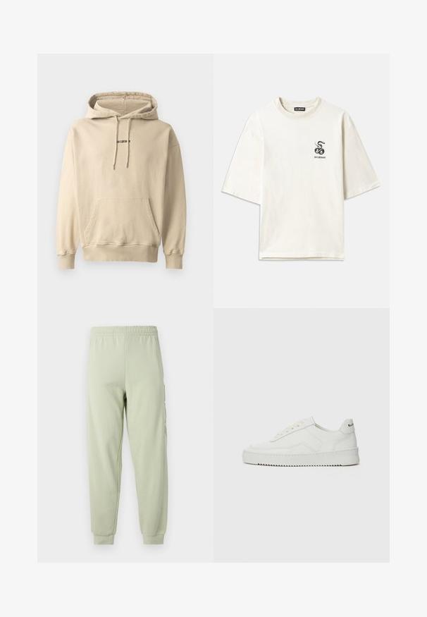 Világos bézs kapucnis pulóver pamut keverékből. Elöl zseb, bordás mandzsetta és egy kis márkalógó található a mellrészen.; Krém színű, oversize pamut póló. Rövid ujjú, bal mellen egy kis fekete kígyó grafikával.; Világoszöld melegítőnadrág, rugalmas derékkal, tapered lábformával és oldalzsebekkel. Simlékon szövet, könnyű anyag, matt kivitelben.; Fehér bőr sportcipő sima felülettel, kerek orral, lapos fűzőkkel és texturált talppal. Finom logó található a sarokon.