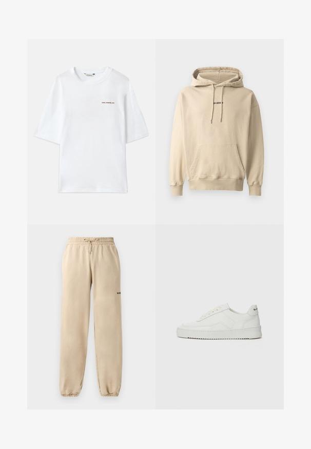 Gaiši bežs kapuces džemperis, kas izgatavots no kokvilnas maisījuma. Iespējo priekšējo kabatu, ribinātus piedurknes un mazu zīmola logo uz krūškurvja.; Balts kokvilnas T-krekls ar īsām piedurknēm, apaļu kaklu un mazu brūnu "Holzweiler" logo priekšpusē. Gluda tekstūra, brīva piegriezuma.; Beige sporta bikses ar elastīgu jostasvietu un saites stīgu, ar aproci apakšmalā un minimālu apzīmējumu sānos. Gluda tekstūra.; Baltas ādas sneakers ar gludu virsmu, apaļu pirkstu daļu, plakaniem šņorēm un teksturētu zoli. Satur diskrētu logotipu uz papēža.