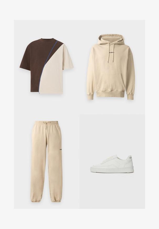 Licht beige hooded sweatshirt gemaakt van een katoenmix. Heeft een voorzak, ribgebreide manchetten en een klein merklogo op de borst.; Bruine en beige gekleurde color-blocked t-shirt met een ronde halslijn en korte mouwen. Bevat een blauwe accentsteek langs de naad.; Beige joggings met een elastische tailleband en trekkoord, met een geribbelde zoom en minimale merkvermelding aan de zijkant. Soepele textuur.; Witte leren sneaker met een gladde afwerking, ronde neus, platte veters en een gestructureerde zool. Kenmerkt zich door een subtiel logo op de hiel.