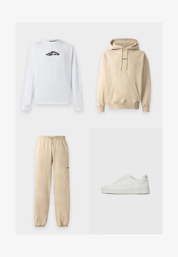 Helle beige Kapuzenjacke aus Baumwollmischung. Verfügt über eine Fronttasche, gerippte Bündchen und ein kleines Markenlogo auf der Brust.; Weißer Langarm-Sweatshirt aus Baumwolle, mit einem schwarzen Logo-Design auf der Vorderseite und gerippten Bündchen. Klassischer Rundhalsausschnitt.; Beige Jogginghose mit einem elastischen Bund und Kordelzug, mit einem Rippbund am Saum und minimaler Markenkennzeichnung an der Seite. Glatte Textur.; Weiße Ledersneaker mit glatter Oberfläche, runder Zehenpartie, flachen Schnürsenkeln und strukturiertem Sohlenprofil. Mit einem dezenten Logo an der Ferse.