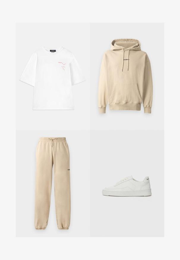 Šviesiai smėlinis gobtuvėlis, pagamintas iš medvilnės mišinio. Turi priekinę kišenę, raukšlėtus rankogalčius ir mažą prekės ženklą ant krūtinės.; Dsquared2 LOOSE FIT TEE - Marškinėliai su spaudiniu - white; Bežiniai treningai su elastinga juosta ir raišteliu, su užlenktais apvadu ir minimaliais išrašais ant šono. Lygi tekstūra.; Balti odiniai sportiniai bateliai su lygia apdaila, apvaliu pirštu, plokščiais raišteliais ir tekstūruotu padu. Pasižymi subtiliu logotipu ant kulno.