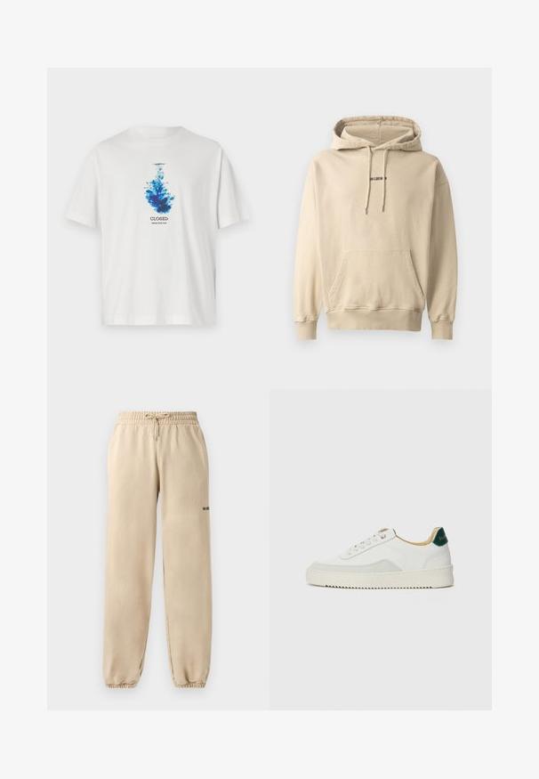 Světle béžová mikina s kapucí vyrobená z bavlněné směsi. Má přední kapsu, žebrované manžety a malé logo značky na hrudi.; Bílý bavlněný tričko s modrou grafikou připomínající difuzi inkoustu, se slovem "CLOSED" a "INDIGO INJECTION" tištěnými pod designem.; Béžové tepláky s elastickým pasem a šňůrkou, s manžetami na lemu a minimálním brandingem na boku. Hladká textura.; Bílé tenisky se semišovými prvky, kulatou špičkou, plochými tkaničkami a krémovou gumovou podrážkou. Na patě mají zelené logo.