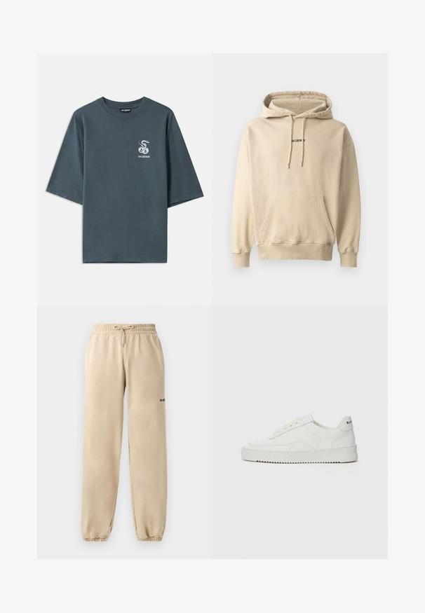 Kerge beež kapuutsiga dressipluus, mis on valmistatud puuvillasegust. Omab esikotti, soonikkoes varrukaotsi ja väikest brändi logo rinnal.; Hallhalli puuvillane T-särk lühikeste varrukatega, mille vasakul küljel on väike valge madu graafika ja mugav lõige, sile tekstuur.; Beezvärvilised spordipüksid, millel on elastne vöökoht ja kummipael, cuffed sääred ning minimaalne bränding külje peal. Sile tekstuur.; Valge nahast tennis, millel on sile põhi, ümar varvas, lamedad nöörid ja tekstuuriline tall. Sisaldab diskreetset logo kontsaribal.