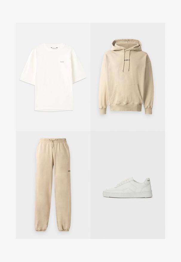 Light beige hooded sweatshirt made of cotton blend. Features a front pocket, ribbed cuffs, and a small brand logo on the chest.; White short-sleeve t-shirt made of cotton. Features a crew neck and a small black "Holzweiler" logo on the left side.; Beige sweatpants with an elastic waistband and drawstring, featuring a cuffed hem and minimal branding on the side. Smooth texture.; White leather sneaker with a smooth finish, round toe, flat laces, and a textured sole. Features a subtle logo on the heel.