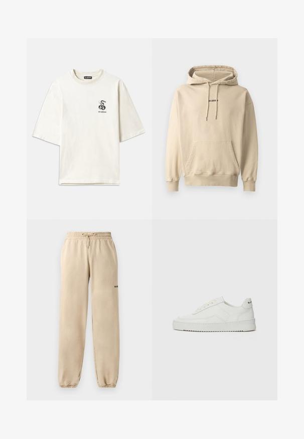 Lys beige hettegenser laget av bomullsblanding. Har en frontlomme, ribbestrikkede mansjetter og en liten merke-logo på brystet.; Kremfarget oversized T-skjorte laget av bomull. Den har korte ermer og et lite svart slangegrafikk på venstre bryst.; Beige joggebukser med elastisk linning og snøring, med mansjettkant og minimal merking på siden. Glatt tekstur.; Hvite lærersneakers med en jevn overflate, rund tå, flate lisser og en teksturert såle. Har en subtil logo på hælen.